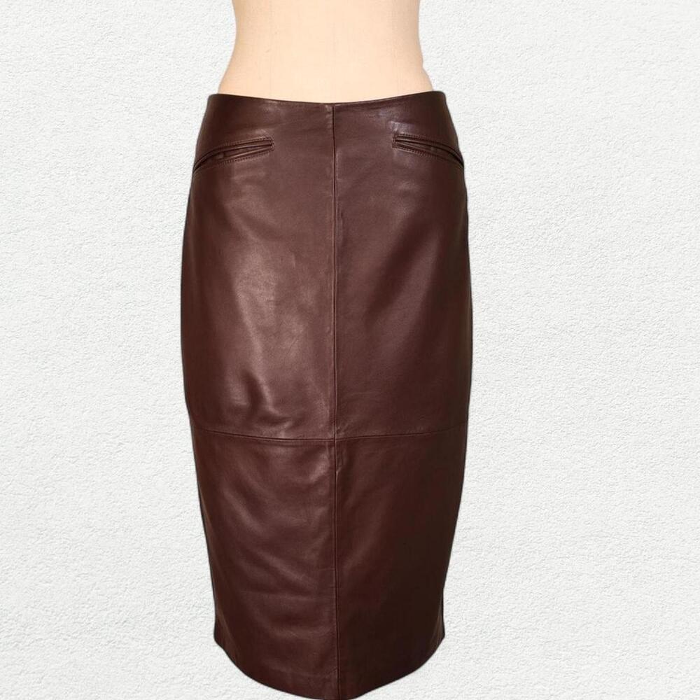Rouje Paris Fiona Leather Pencil Midi Skirt in Chocolate Brown Burgundy - Picture 2 of 9